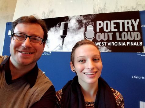 Senior Kierston Carson and English Teacher Doug Seckman were all smiles before the first day of poetry recitations at the POL Competition in Charleston.