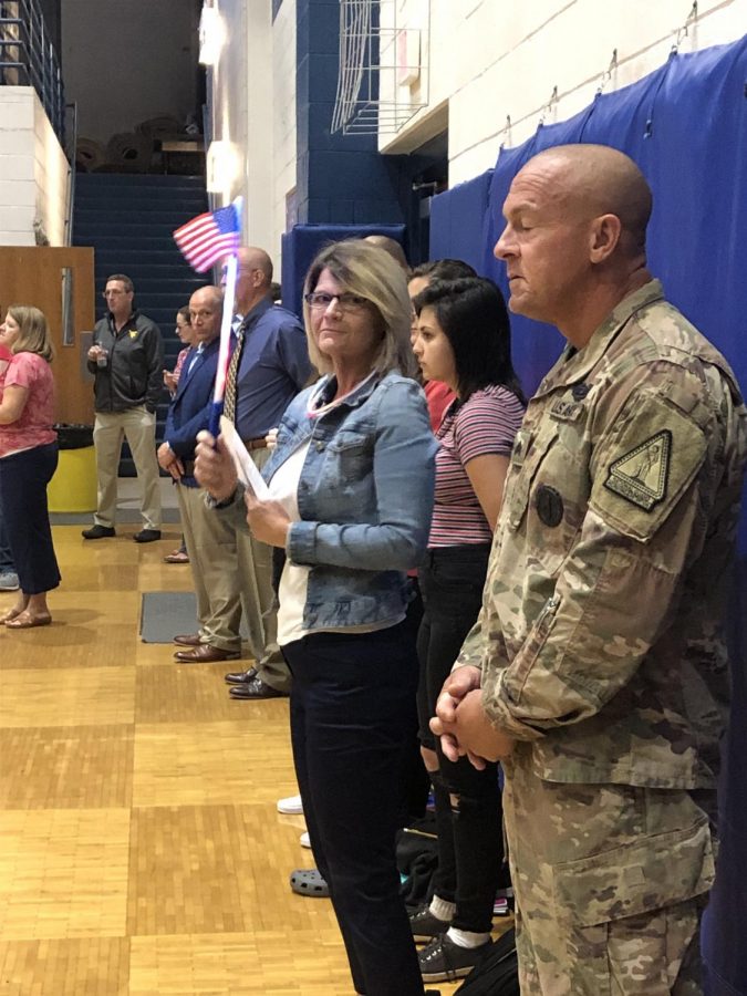 USA! USA! Mrs. Debbie Gump, history, teacher, helped organized Constitution Week activities which kicked off during the Minuteman Monday assembly September 24.